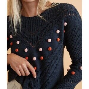 Marine Layer Womens Sweater Sz XS Cotton Navy Blue Pom Pom Rowen Cottagecore